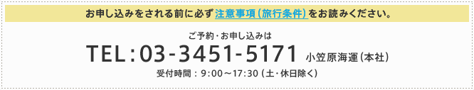 お申し込みをされる前に必ず注意事項（旅行条件）をお読みください。　ご予約・お申し込みは　TEL:03-3451-5171　小笠原海運 ㈱営業部　TEL:04998-2-2500　父島営業所